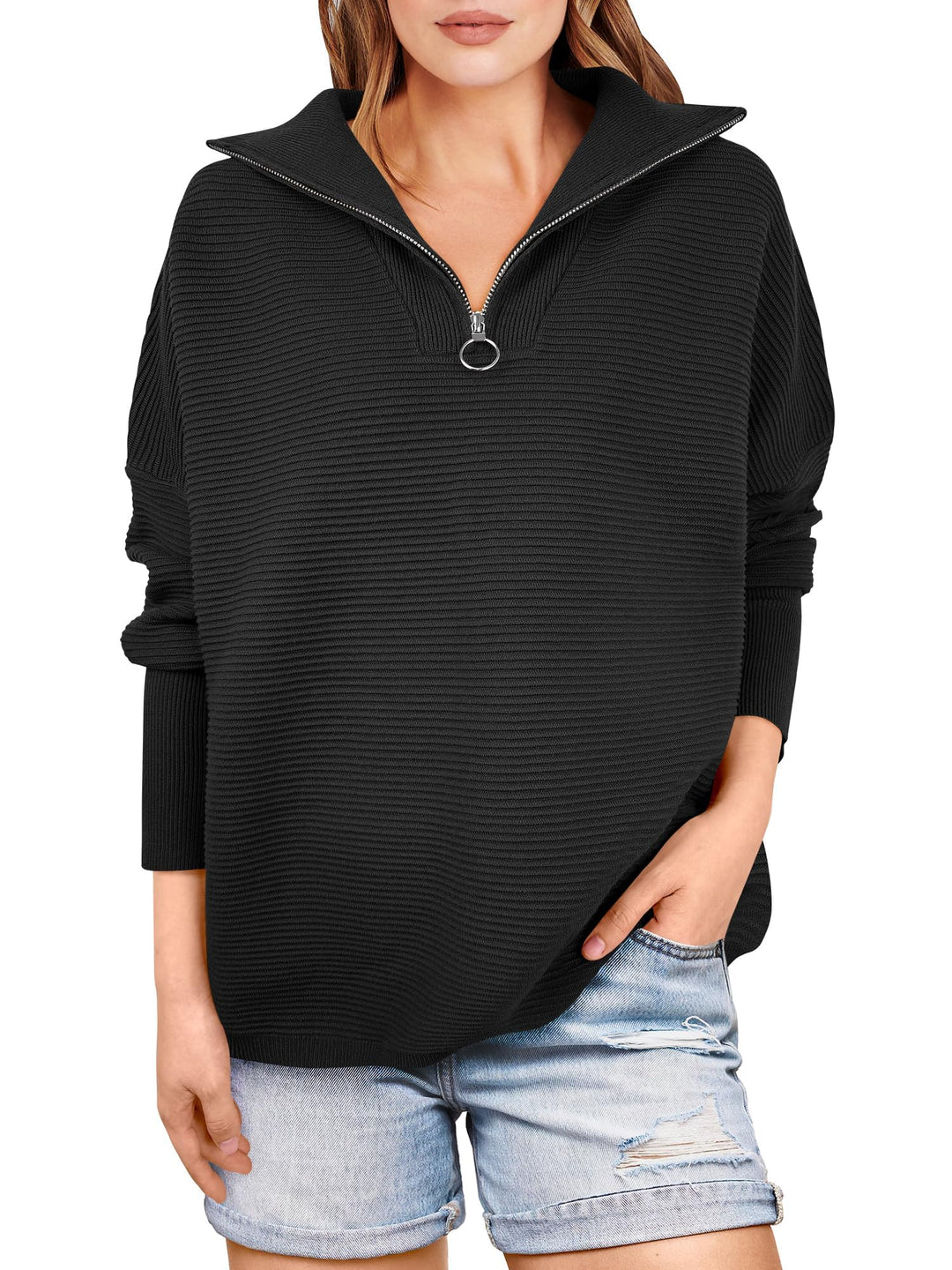Women's Quarter Zip Rib Knit Cozy Pullover Sweaters